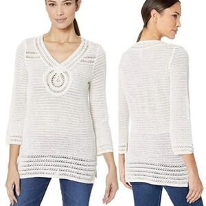 Tommy Bahama‎ Cream Crochet Knit V Neck 3/4 Sleeve Tunic Sweater Top Women